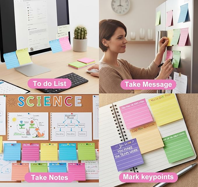 12 Pcs Inspirational Sticky Notes with Lines 3x3'' Motivational Sticky Notes Pad Thank You Gift Cute Employee Appreciation Sticky Notes for Teacher Coworkers Office Supplies Students (12 Color)