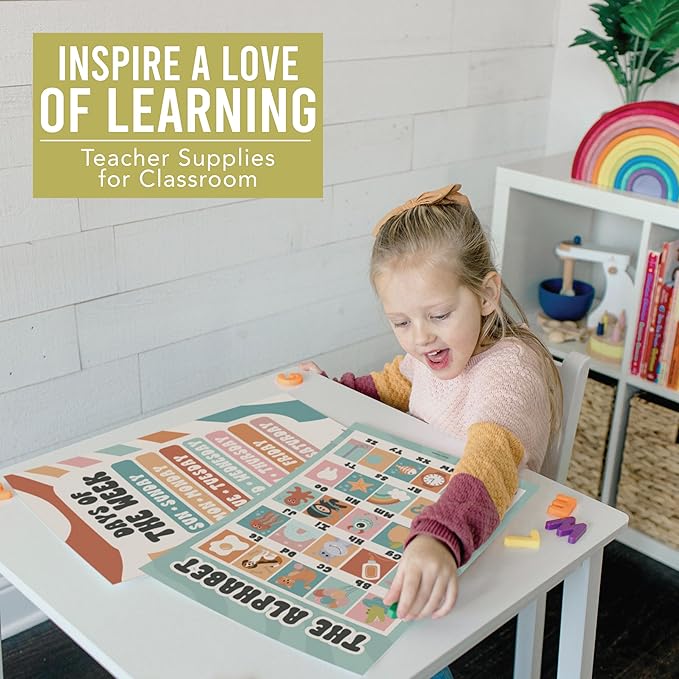 Hadley Designs 16 Educational Posters for Classroom Decor - Learning Posters for Toddlers 1-3, Alphabet for Classroom Wall, Daycare Essentials, Homeschool Posters Preschool, Retro Playroom Decor