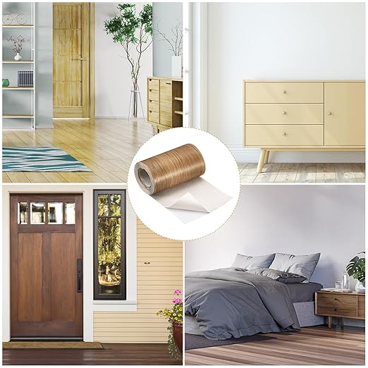 uxcell Wood Grain Tape, 5.91" x16 Ft Wall Paper Border Sticker Self-Adhesive Wood Grain Repair Patch with Scraper for Wall Corner Table Door Sofa Furniture Home Decor (Brown)