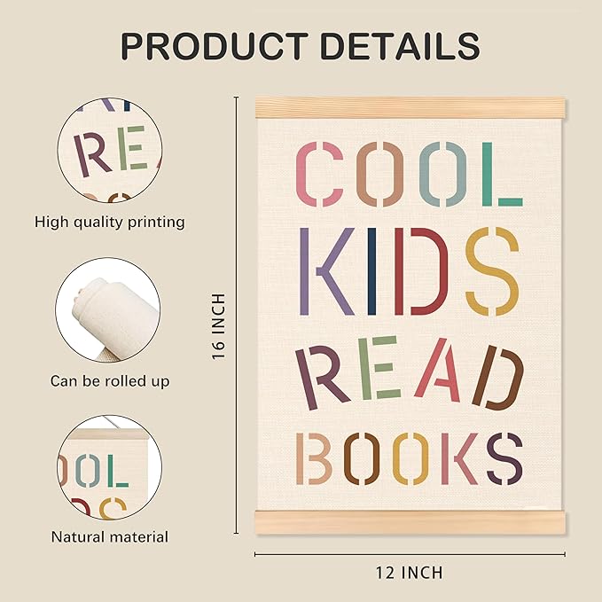 ROXMART Boho Classroom Cool Kids Read Books Poster Hanger Frame, Reading Corner Nook Room Decor, Boho Bookish Wall Art Prints Decor for Kids Boy Girl Room Library Classroom, 12x16 Inch