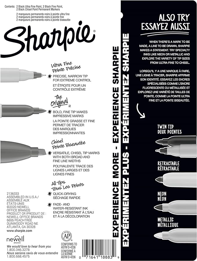 Sharpie Permanent Markers Variety Pack, Includes Chisel, Fine, and Ultra-Fine Tips, Marker Set, Writing, Coloring, Poster, Office, School Supplies, Black, 6 Count