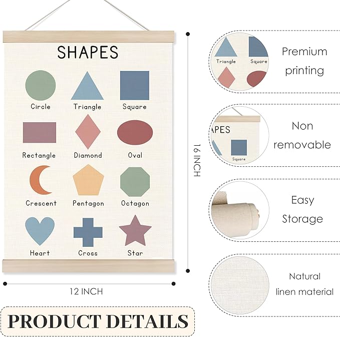 Koesus Colored Numbers and Shapes Wall Art Poster Hanger Frame 12x16 Inch Set of 2, Educational Learning Canvas Pictures Prints Framed Wall Decor for Classroom Toddler Kids Room Nursery Playroom