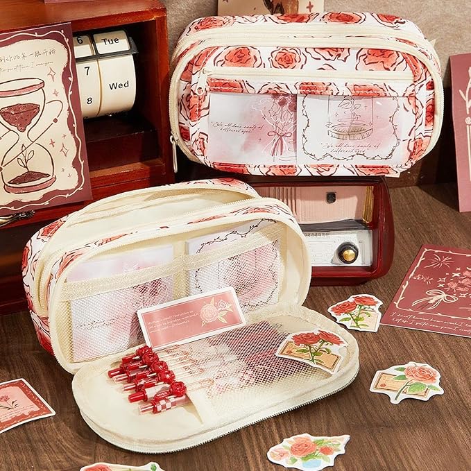 Rose Large Pencil Case Pouch Coquette Aesthetic Floral Big Stationery Bag with 50pcs Rose Stickers for Office College Makeup Adults