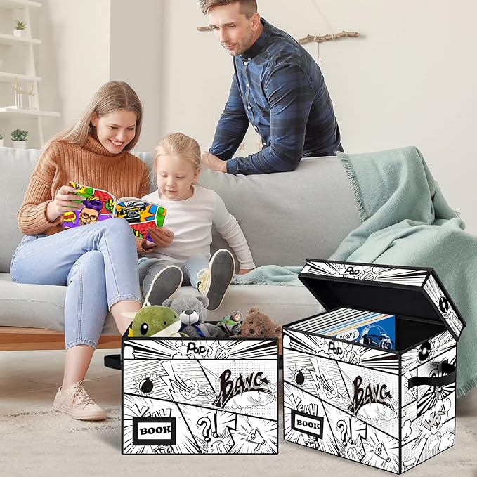2 Pack Comic Book Storage box, Collection 15.8" X 7.8" X 11.8", Collapsible Holds 160-180 Comic Book Short Box Organizer Container Holder Shelf(Cartoon Bombs)