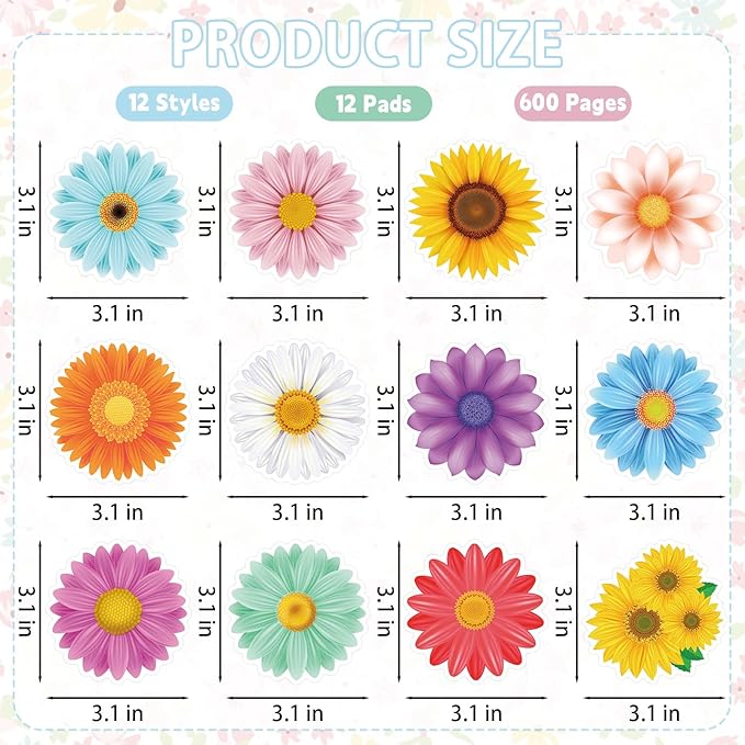 600Pcs Spring Flower Sticky Notes, Self-Adhesive Daisy Sticky Memo Notes Floral Notes Pads for Spring Home Office School Supplies