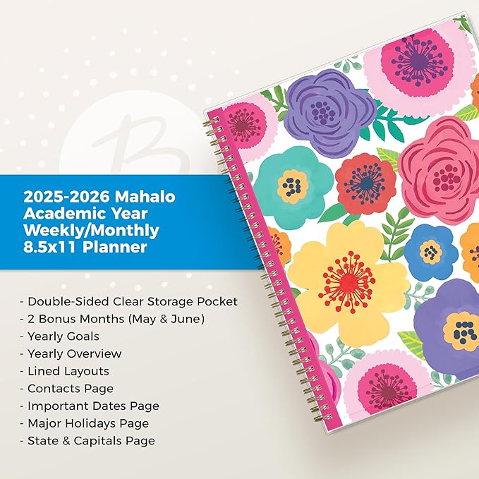 Blue Sky Weekly and Monthly Academic Year Planner Calendar, July - June, Flexible Pocket Cover, Wirebound, Storage Pocket, Laminated Tabs, Mahalo (Mahalo- 2025/2026, 8.5" x 11")