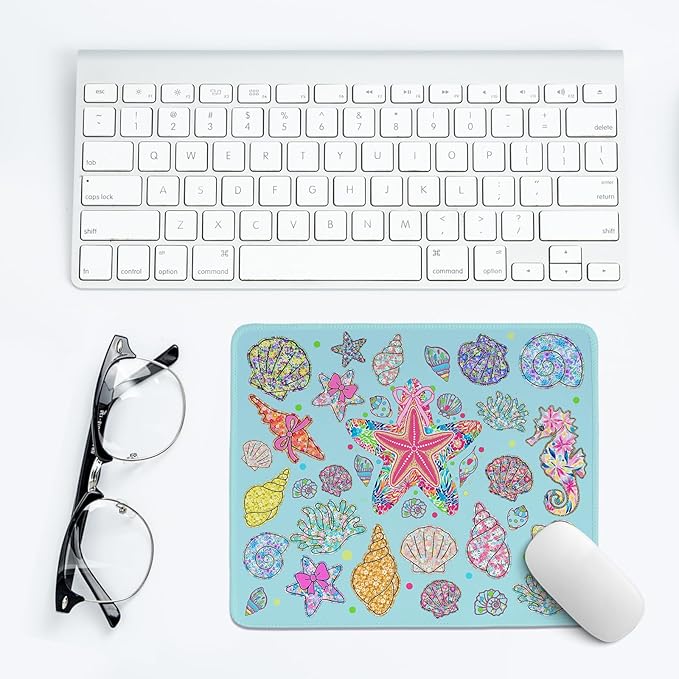 Wildflower Seashell Clam Summer Mouse Pad,Blue Coastal Beach Mouse Pad,Ocean Seahorse Starfish Desk Mat,Girly Summer Desk Pads for Dorm Home Office Desktop Decor,11.8x9.8 Inch