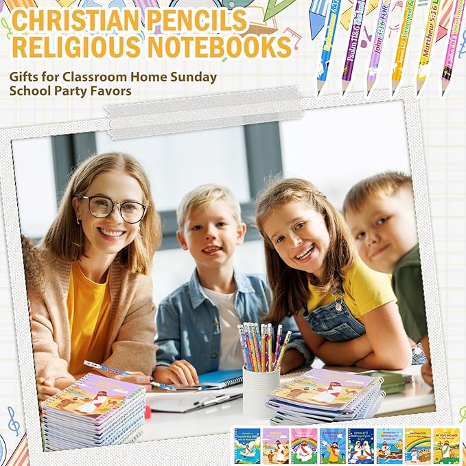 Crtiin Easter 48 Pcs Include 24 Bible Verse Notepad 24 Pencils Kids Christian Church Gifts Students Classroom Award Religious Notebook Bible Pencils Prayer Pocket School(Colorful Cross 2,Eclectic)