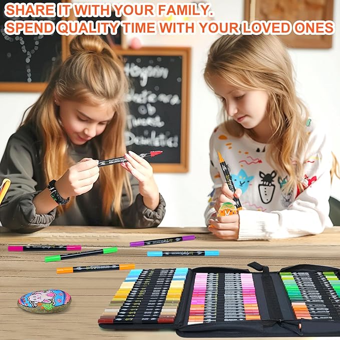 NICETY 128 Acrylic Paint Markers, Dual Tip Brush Paint Pens for Rock Painting, Wood, Glass, Stone, Canvas, Ceramic, Fabric - Fine & Brush Tip Water Based Acrylic Markers Pens