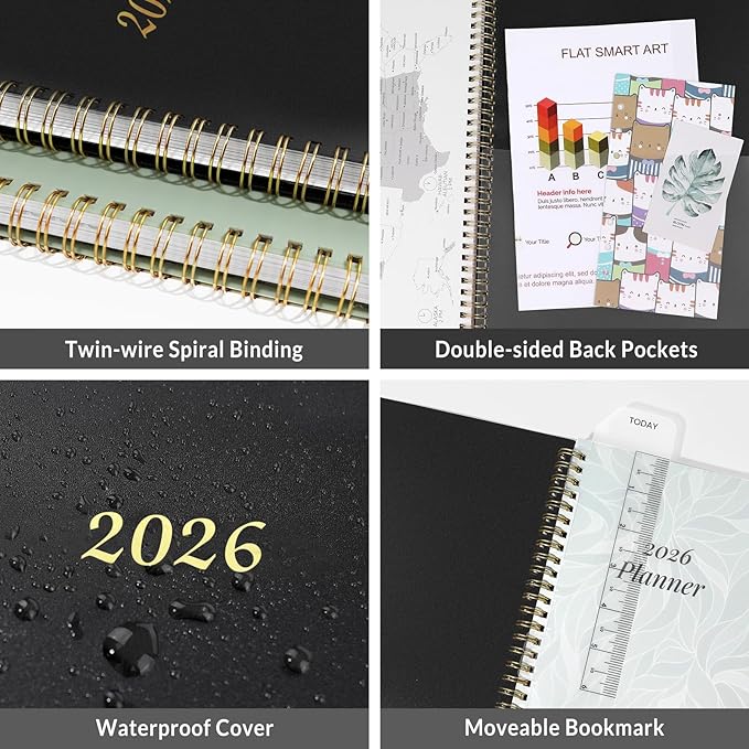 2026 Planner, Annecy Weekly & Monthly Planner 2026, Jan. 2026 – Dec. 2026, 8.5" x 11" Monthly Agenda Planner with Tabs, Waterproof Flexible Cover, Spiral Binding, Double-sided Pocket, Bookmark, Black