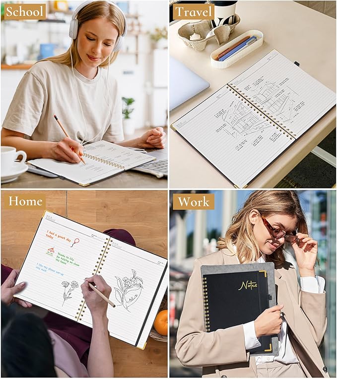 Hardcover Spiral Notebook Journal 8.5” x 11”, A4 Large Leather Notebooks for Women Men, Lined College Ruled Notebook, 100 GSM Paper, Spiral Bound Journals for Work School Note Taking Business, Black