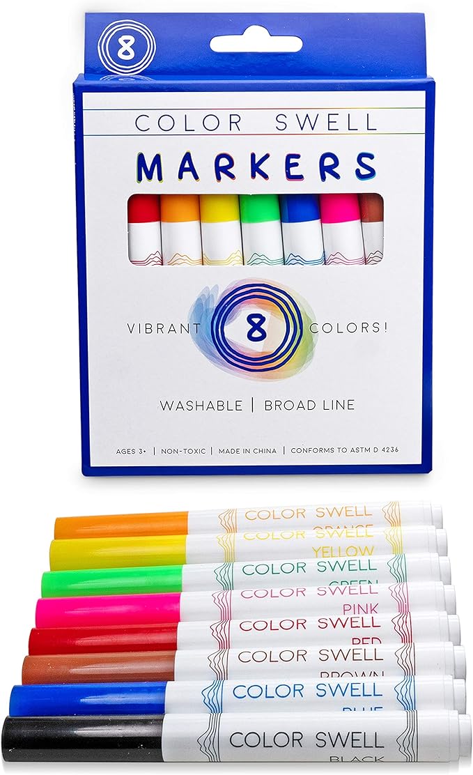 Color Swell Washable Markers 2 Pack of 8 Vibrant Colors Each for Teachers, Kids, Classrooms, Families