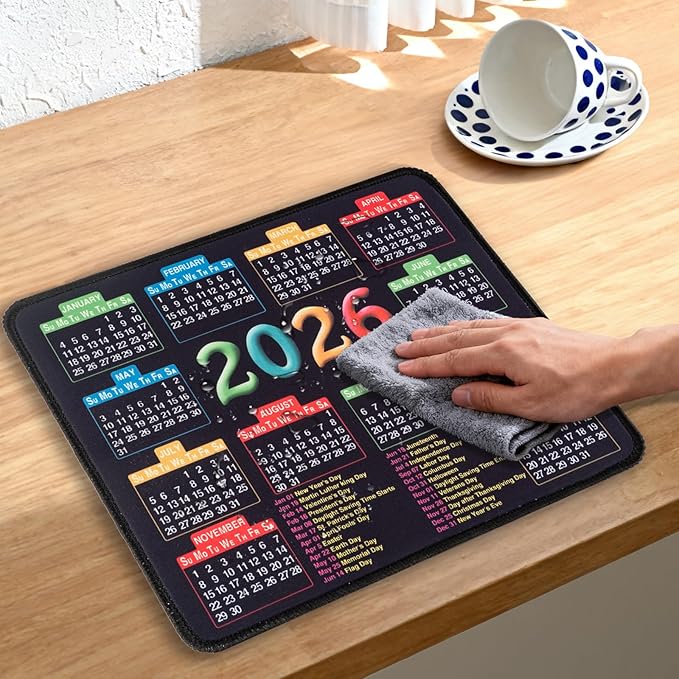 Mouse Pad with Stitched Edge, Computer Mouse Mat with Non-Slip Rubber Base, 2026 Calendar Mousepad