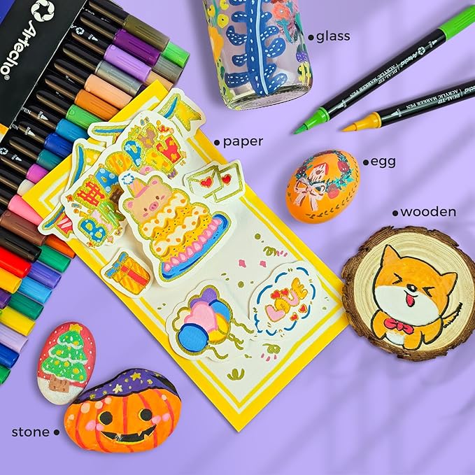 Artecho Acrylic Paint Markers 60 Colors, Acrylic Paint Pens with Brush Tip and Fine Tip for Stone, Rock Painting, Paper, Pumpkin, Wood, Egg, Canvas, Ceramic, Fabric, leather, Glass, DIY Crafts