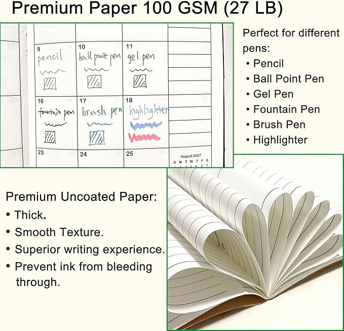 A5 Calendar Planner Jan 2026 - Dec 2027, Travelers Notebook Inserts for 2 Years, Monthly Calendar & Important Dates & Line & Dotted, 100gsm Paper, 8.3 x 5.5 in, 1pcs (Green)