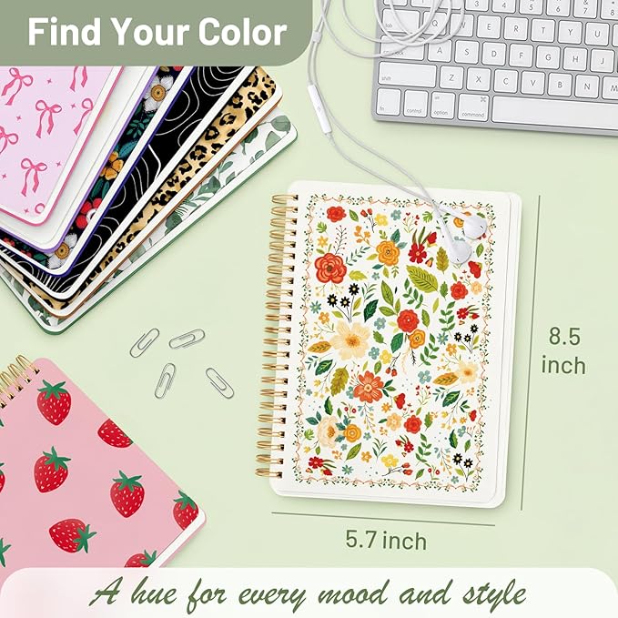 Stanoha Cute Spiral Notebook A5 Journal for Women Girls Kawaii Aesthetic Pretty Floral Design with Pocket, 8.5 x 5.7 inch, Line, Beige Floral