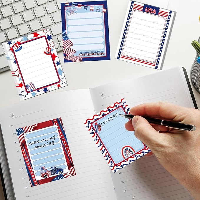 Patriotic Sticky Notes Gifts - 9 Pack Red White Blue Sticky Notes 3x4 Inches, Proud to Be an American Self-Stick Memo Pads, National Memorial Veterans Day Office Supplies, 450 Sheets