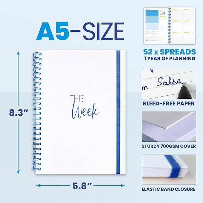 Weekly Planner Spiral Bound Notebook A5 - Undated Planner - To Do List Notebook - Habit Tracker - 52 Weeks - Daily Planner Undated for Home Work Office Business - Goal Planner - Cute Planner - Blue