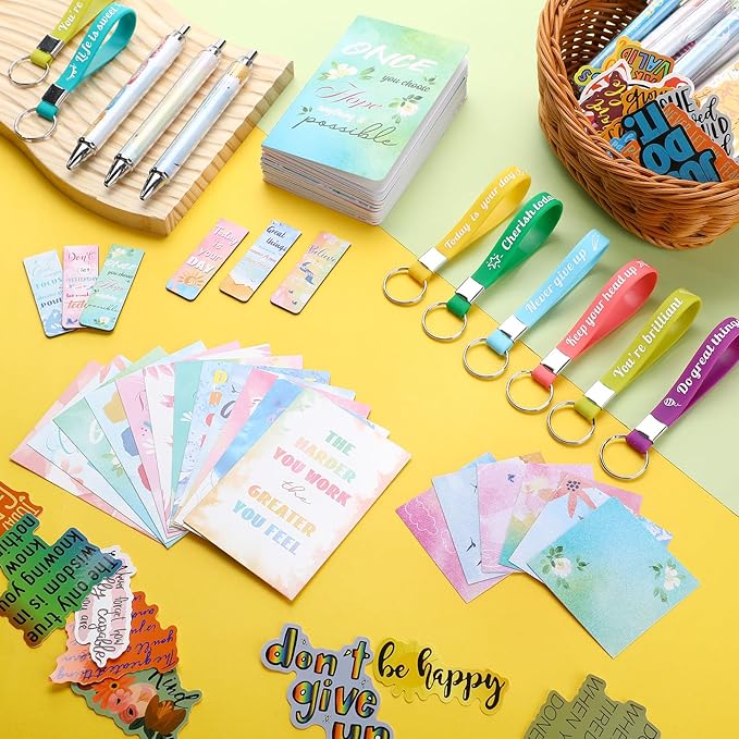 Pasimy 218 Pcs Inspirational Stationery Gifts Motivational Mini Notepad Pen Quote Bookmarks Stress Relief Stickers Inspiring Silicone Keychains for Adult School Office Appreciation (Watercolor)