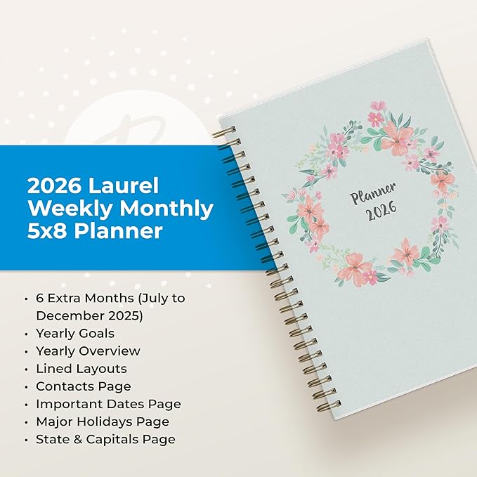 Blue Sky 2026 Weekly and Monthly Planner Calendar, January 2026 - December 2026, 5" x 8", Flexible Frosted Cover, Laminated Tabs, Durable Twin Wire Binding, Laurel