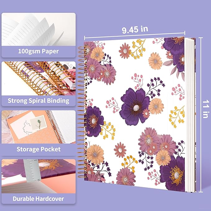 CAGIE Hardcover Spiral Journal Notebook 8.5 x 11, 200 Pages Floral Spiral Notebook with Pockets, Large Spiral Bound Notebooks for Women Girls Note Taking, Purple
