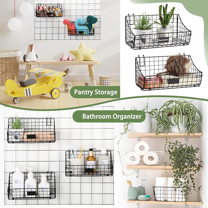 Blulu 4 Pcs Wire Wall Basket, Black Metal Grid Basket with Hooks Wall Hanging Storage Accessory for Vendor Trade Shows Kitchen Bathroom Pantry Supplies(11 x 6 x 5 Inch)