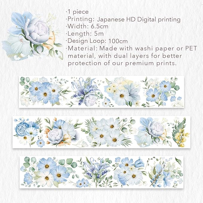 WT Serene Wide PET Tape, Single Roll, Original Designs, Watercolor Blue Flower Decorative Tape, Transparent Clear Adhesive Tape, Journal Scrapbook Bujo Planner DIY Craft Supplies