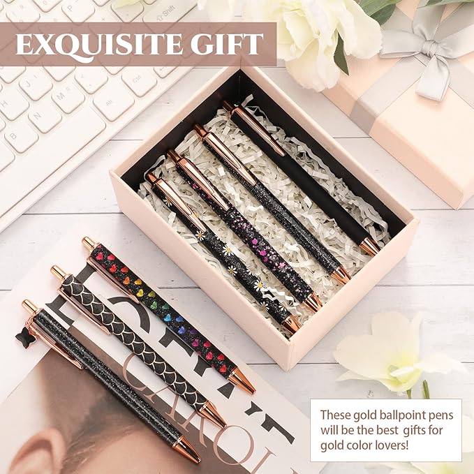 Sherr 7 Pcs Fancy Pens for Women Cute Sparkly Glitter Pens with 10 Pcs Black Ink Refills Pretty Gifts for Girls Office School Christmas Graduation(Simple)