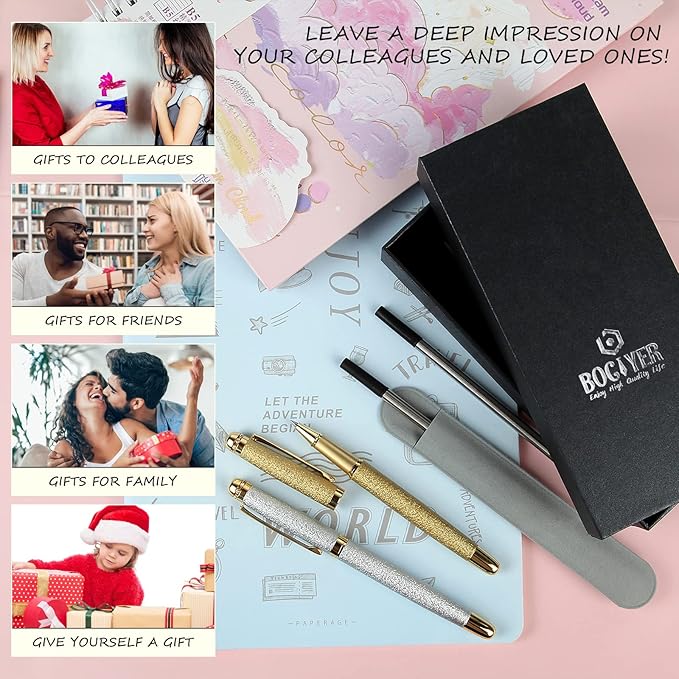 Rollerball Liquid Ink Pens,Best Luxury Ball Pen Gift Set for Men and Women,Black Ink Fancy Pen Refillable for Executive Office,Professional,pretty pens,cool pens,Nice cute Designer Pens-Silver