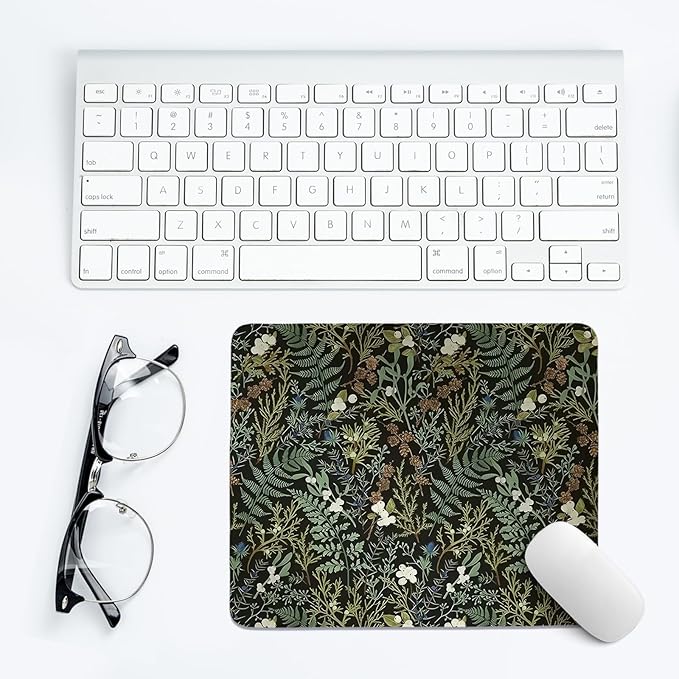Vintage Dark Green Plant Mouse Pad,Green Fern Leaves Botanical Desk Mat, Wildflower Garden Aesthetic Mouse Pad for Dorm Home Office Desktop Decor,10.2x8.2Inch