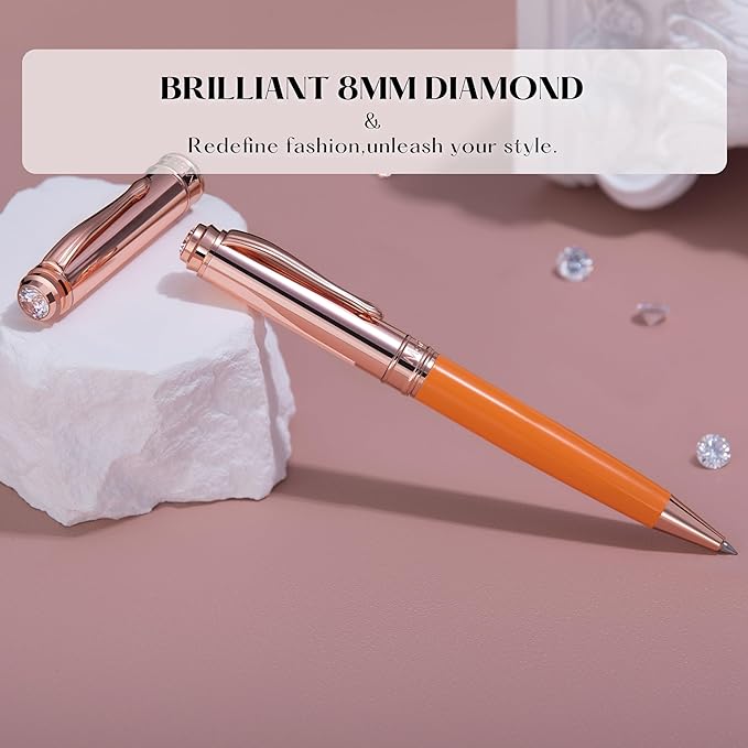 Luxury Gel Pen, Top Set With 8mm Brilliant Diamond,Bright Orange Pen Lacquer,Rose Real Gold Finish, Black Refill,Elegant Gift Pen For Women, Unique, Office,Nice Designer Pens