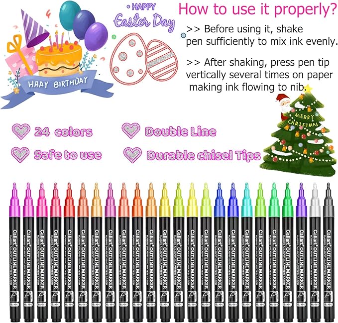 Caliart 24 Colors Outline Markers Shimmer Glitter Pens, Doodling Marker Set for Adults Artists, Cool Fun Craft Drawing Art Supplies