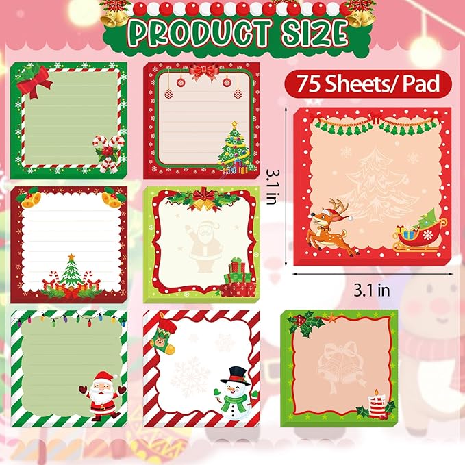 600 Christmas Sticky Notes, Cute Santa Claus Snowman Reindeer Memo Notes Xmas Note Pads for Christmas Party Favors Home Office School Supplies