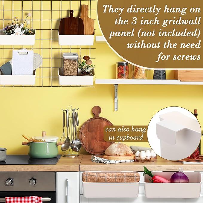 Gridwall Baskets, Grid Wall Storage Bin Plastic Grid Wall Panels Bins for 3 Inch Gridwall Panel for Organizing Storage Display Kitchen Home Office Garage Bathroom(White,4 Pcs)
