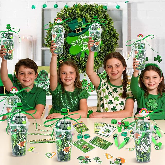 LiYiQ 247 Pcs St Patrick's Day Party Favors Return Gifts for Party, Student Stationery Gifts from Teacher, Pencil Erasers Notebooks Stickers for Classroom Birthday Goodie Bags Rewards Prizes