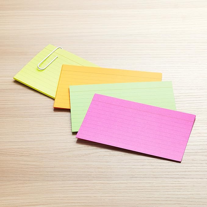 Amazon Basics Ruled Index Flash Cards for Studying and Note Taking, Color Coding, Assorted Neon Colors, 3" x 5", 300-Count