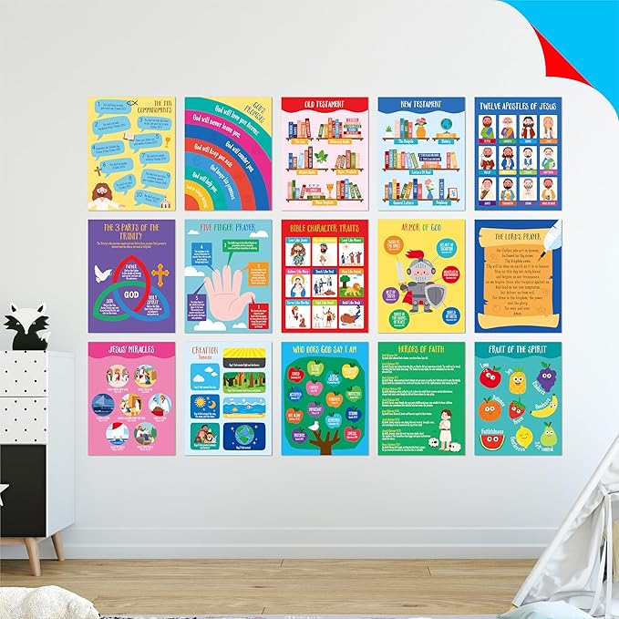 15 Bible Posters for kids, Thick Religious Poster Waterproof & Tear Proof with PET Film, Books of the Bible Poster Sunday School Christian Decoration for Classroom, Bulletin Board (14.5” x 11”)