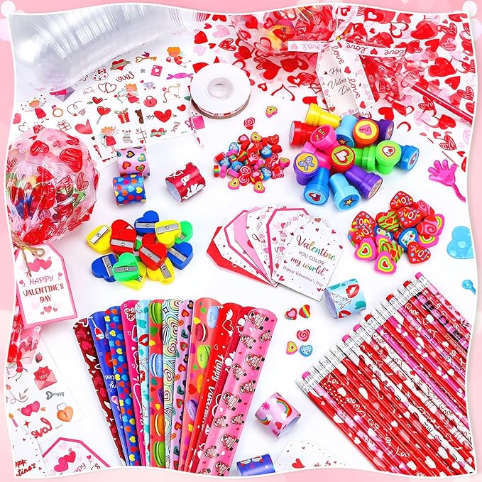 CZWZ 272Pcs Giant Lollipop Valentine Classroom Gifts, 24 Set Giant Lollipop with Pencils, Stickers, Erasers for Classroom School Exchange Valentine Party Favors Supplies