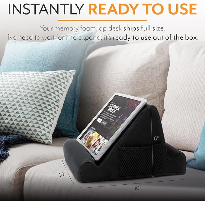 Brookstone Tablet Lap Cushion - Tablet and Phone Holder for Bed, Flights, and Travel, Two Angled Memory Foam Lap Desk for Reading and Hands Free Viewing, Compatible iPad and Kindle Accessories, Black