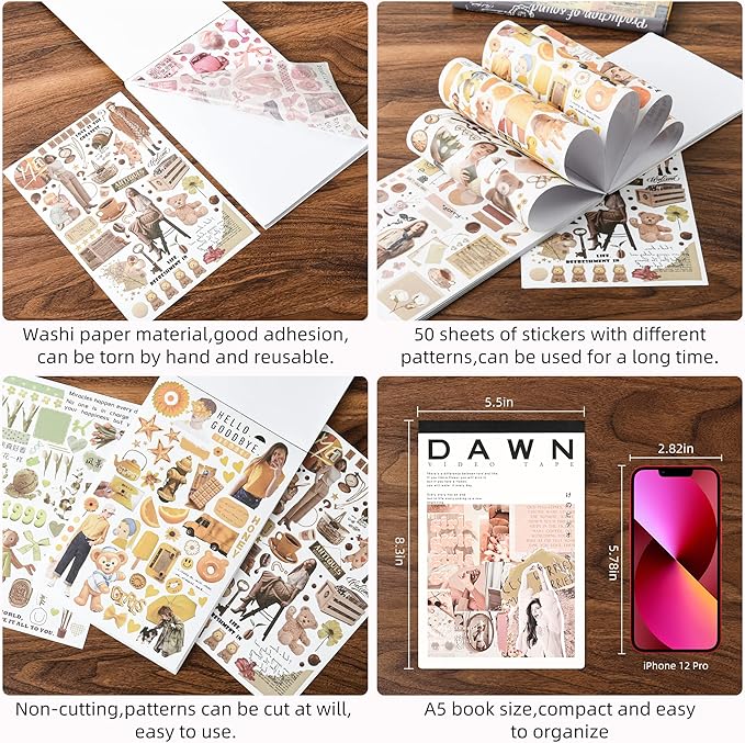 Vintage Washi Stickers for Scrapbooking, Scrapbook Stickers for Junk Journals, 50 Sheets Aesthetic Sticker Book for Journaling Supplies,Art Bullet Journals for Adults Teens Girls with 1pcs Carving