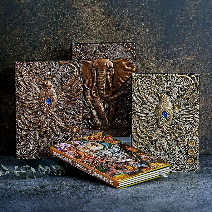 Vintage 3D Owl Cover Embossed Leather Writing Journal +Pen Set,A5,200Pages,Antique Handmade Daily Notepad Sketchbook,Travel Diary&Notebook to Write in,for Women Men