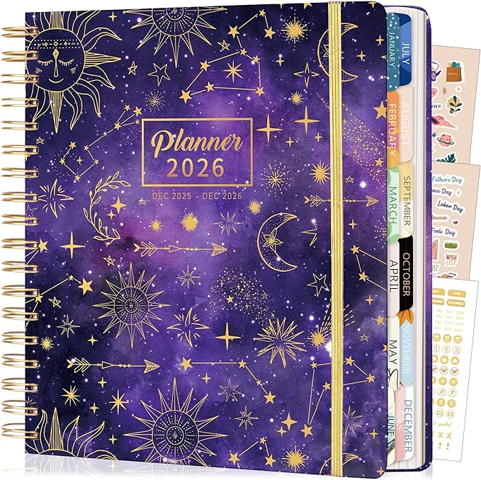 CAGIE 2026 Planner Weekly and Monthly Dec 2025-Dec 2026 Hard cover Calendar Planners with Stickers 26 Planner for Women with Tabs Spiral Bound Yearly Agenda, Purple, 8.3"x9.1"
