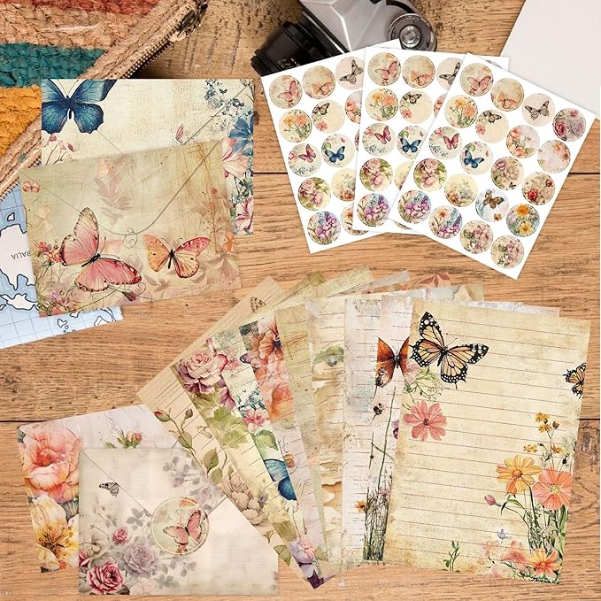 160 Packs Stationery Paper Set (50 Single-Sided Stationery Writing Papers 50 Matching Envelopes) 60 Round Dot Stickers, 10 Design Vintage Stationary Sets,5.5 x 8.25 Inch. (Nature)