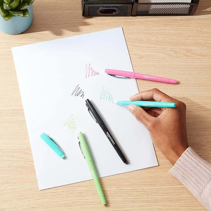 Amazon Basics Felt Tip Marker Pens, Black, Smooth Writing, for Writing, Drawing, Journaling and Note Taking, 24-Pack