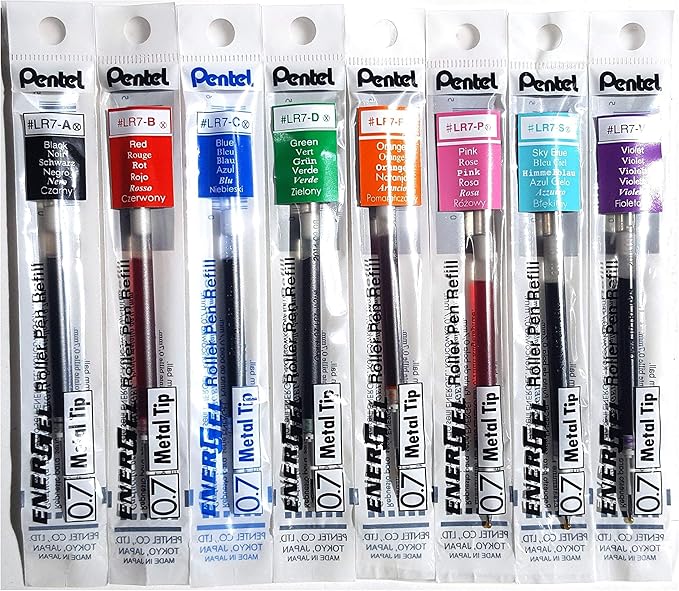 Pentel LR7 Refills for EnerGel Gel Pen, 0.7mm Metal Tip - Set of 8 Colors - Black, Blue, Red, Green, Orange, Pink, Sky Blue & Violet - Supplied Loose