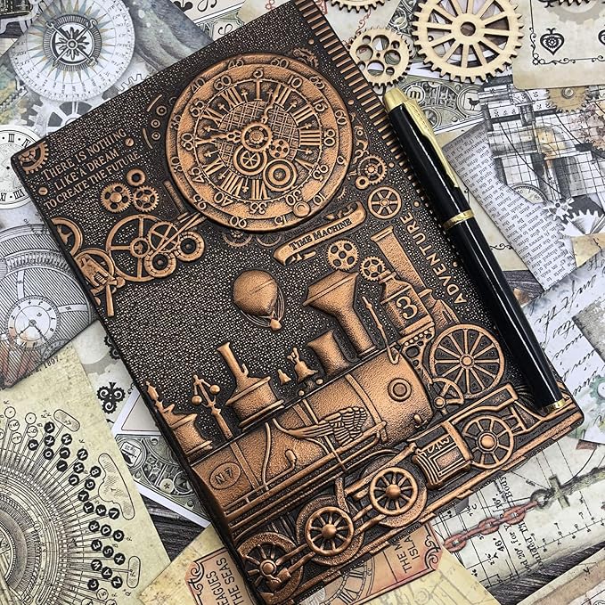 Vintage 3D Embossed Leather Writing Journal with Diamond Pen Set,A5,200Pages,Antique Handmade Daily Notepad Sketchbook,Travel Diary&Notebook to Write in,for Women Men (Train-(RedBronze))