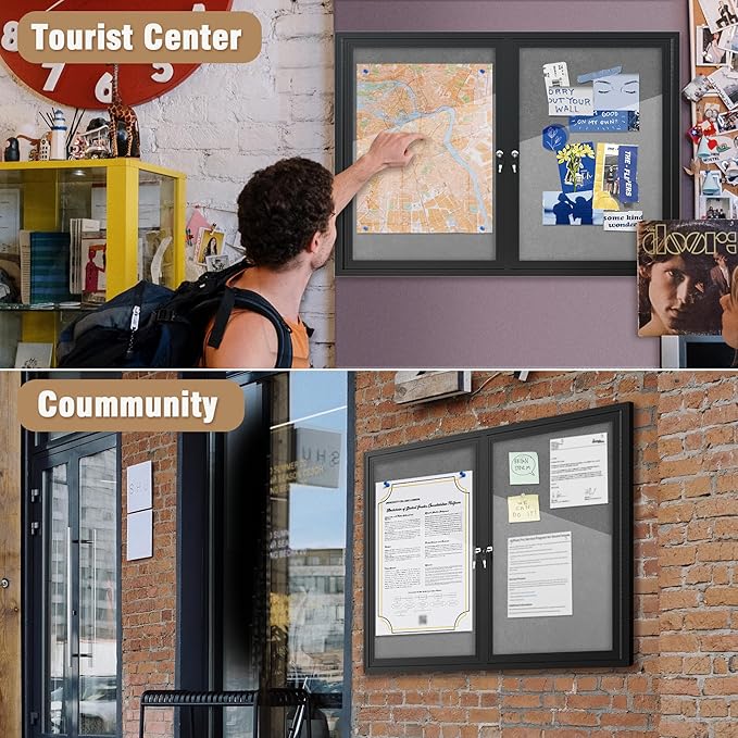 Mifuro 48"x34" Enclosed Bulletin Board, Outdoor Lockable Weather-Resistant Aluminum Cork Noticeboard for School & Office, Black Frame w/Grey Flet