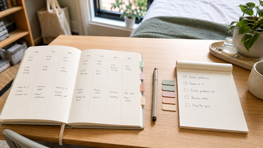 Open weekly planner beside a daily task pad on a bright organized desk