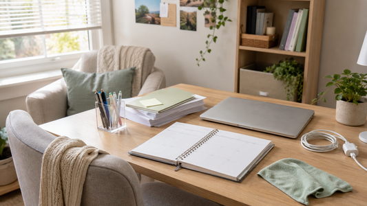 Sunday desk reset with planner, paper stack, pen holder, cables, and open workspace
