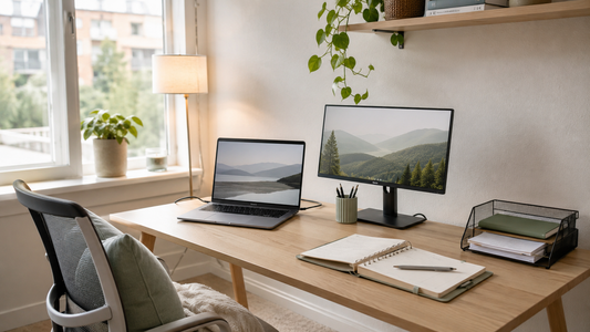 Practical work-from-home desk with laptop, planner, pen holder, cables, and open work space